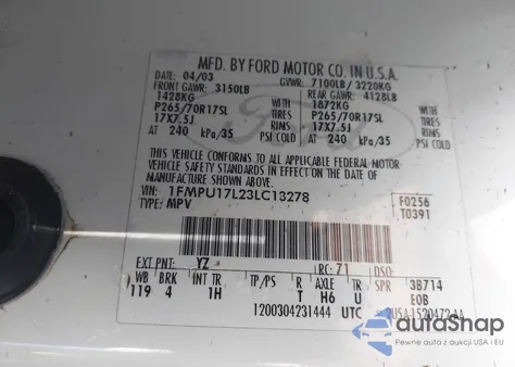 2003 Ford Expedition Eddie Bauer z USA, uszkodzony, nr VIN 1FMPU17L23LC13278